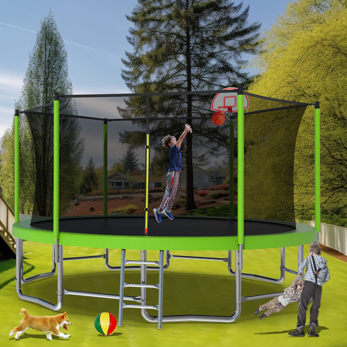 Ultimate Fun Trampoline with Balance Bar and Basketball Hoop!