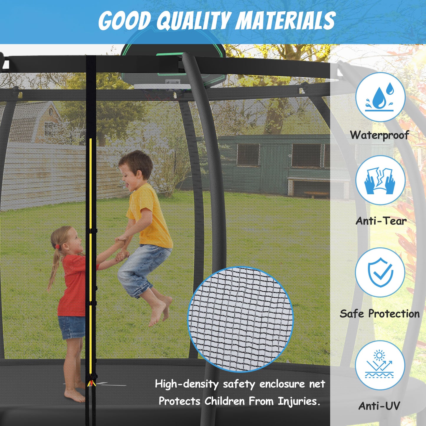 Jump & Play Trampoline Adventure with Safety Net & Basketball Fun