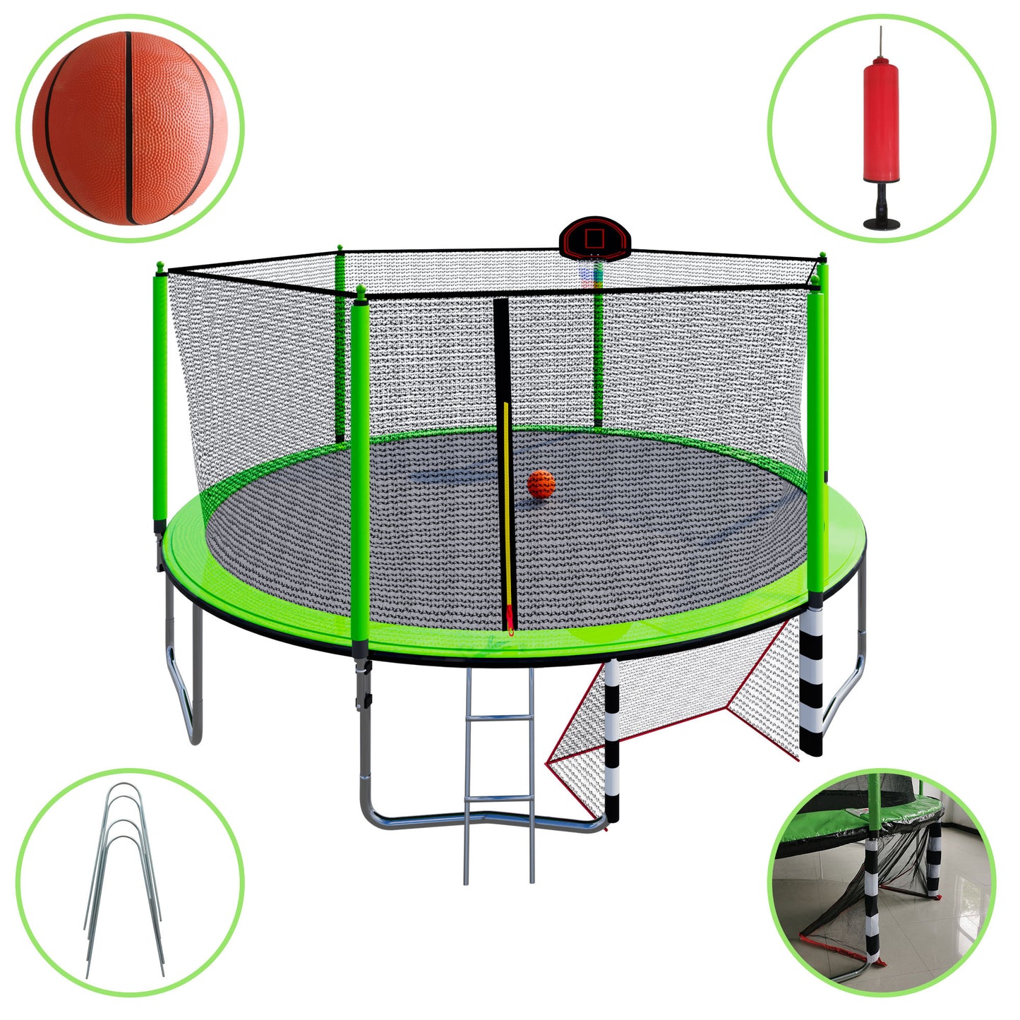 Bounce and Play Trampoline with Basketball Hoop and Soccer Goal - Green Adventure!
