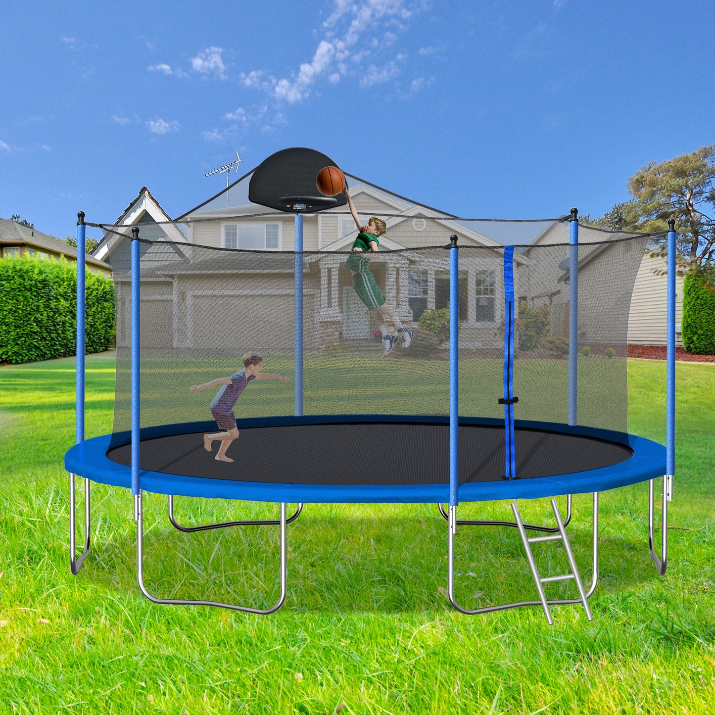 Bounce & Shoot Trampoline: Family Fun with Safety Net & Ladder