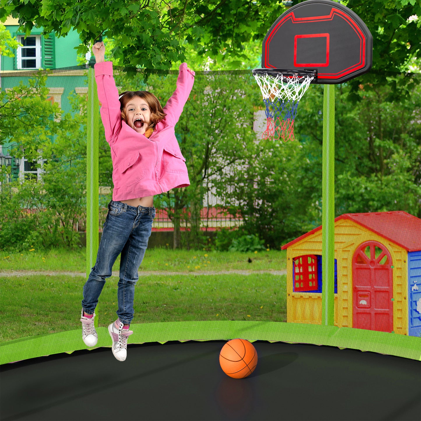 Bounce and Play Trampoline with Basketball Hoop and Soccer Goal - Green Adventure!