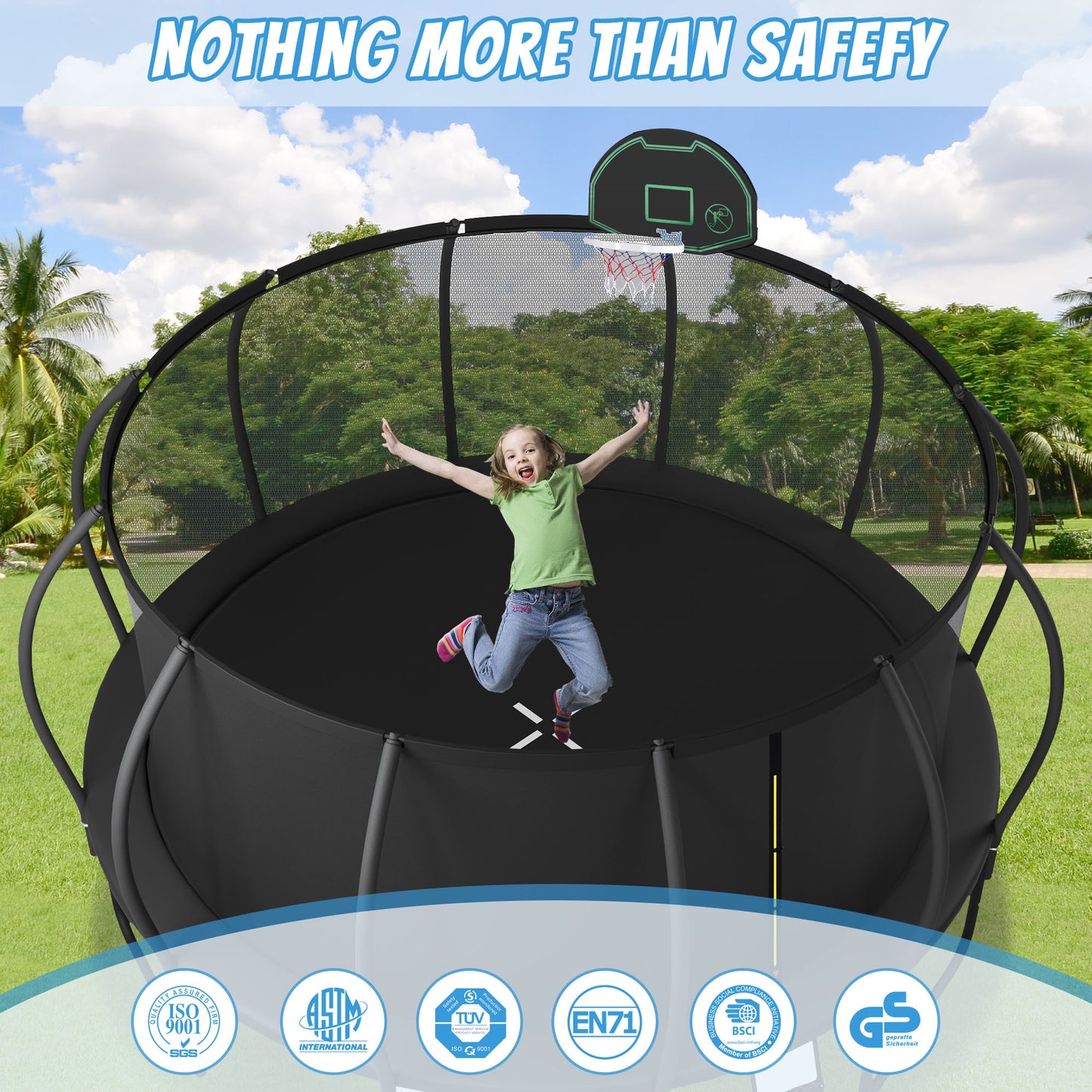 Jump & Play Trampoline Adventure with Safety Net & Basketball Fun