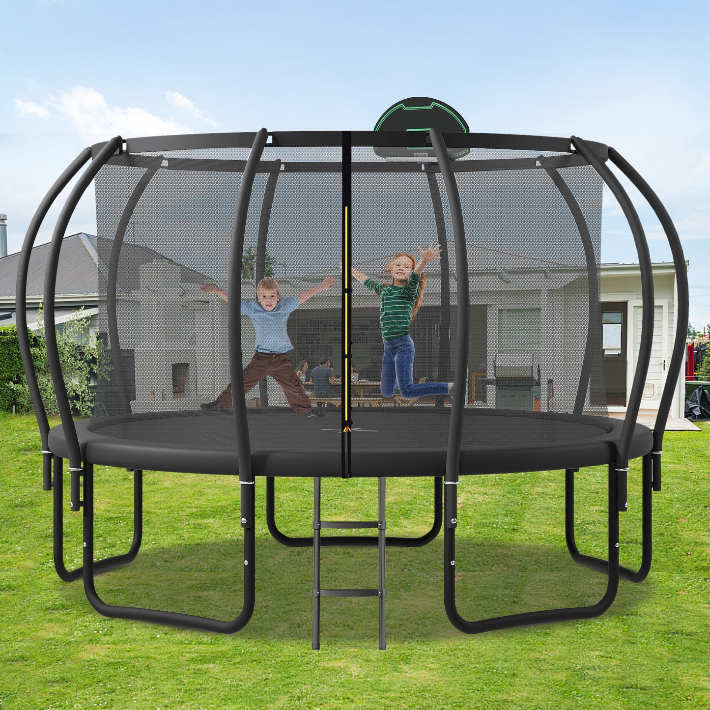 Jump & Play Trampoline Adventure with Safety Net & Basketball Fun