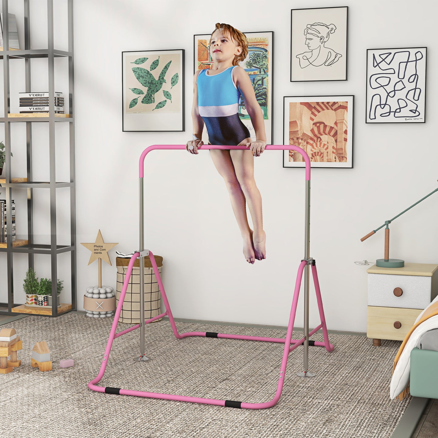 Qaba Kid's Adjustable Gymnastics Bar - Soft Shock Absorption, Perfect for Home Fun!