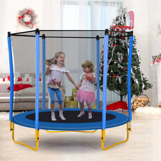 Bouncy Fun Mini Trampoline for Kids with Safety Enclosure and Basketball Hoop